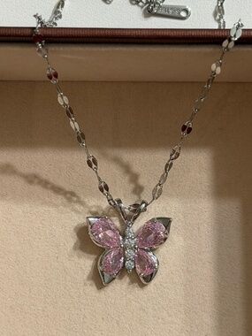 Silvery Zirconia Butterfly Stainless Steel Stamped Necklace Chain